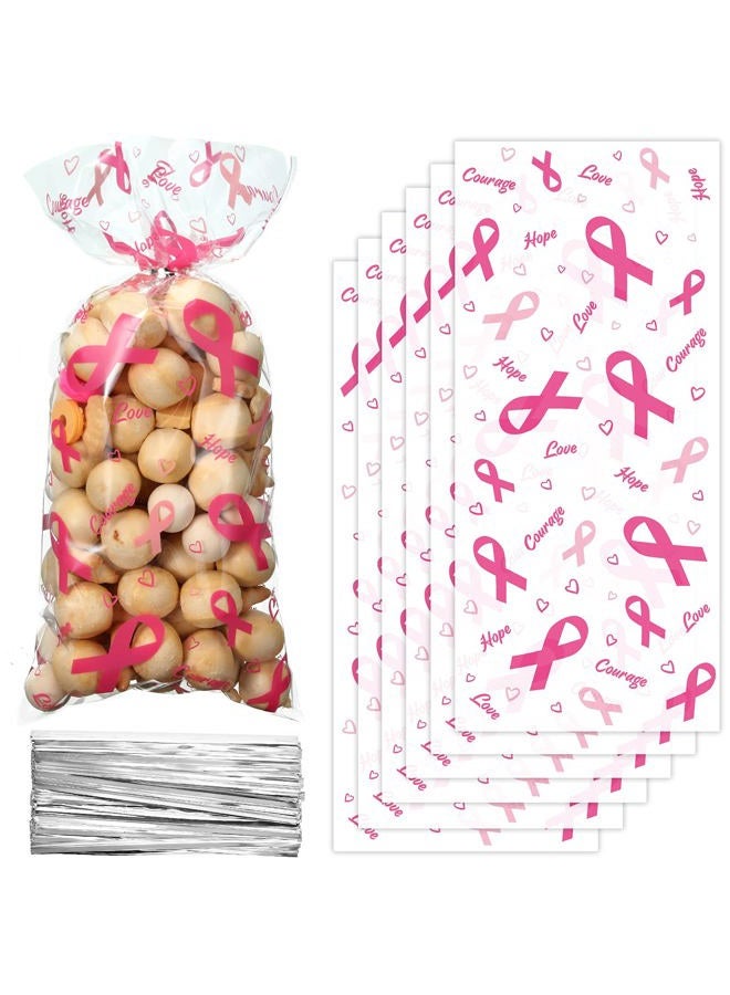 Outus 100 Pieces Breast Cancer Awareness Cellophane Treat Bags Pink Ribbon Gifts Accessories Bulk Pink out Hope Courage Love Goodie Bags with 100 Silver Twist Ties for Business Event Charity Party Supplies - Image 1