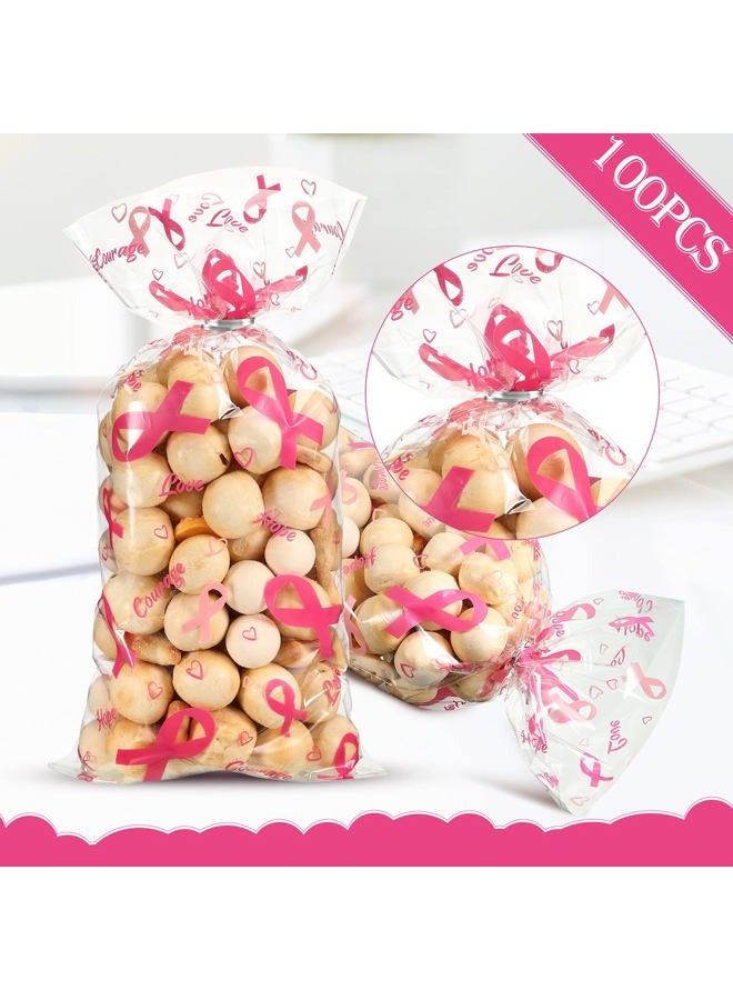 Outus 100 Pieces Breast Cancer Awareness Cellophane Treat Bags Pink Ribbon Gifts Accessories Bulk Pink out Hope Courage Love Goodie Bags with 100 Silver Twist Ties for Business Event Charity Party Supplies - Image 3