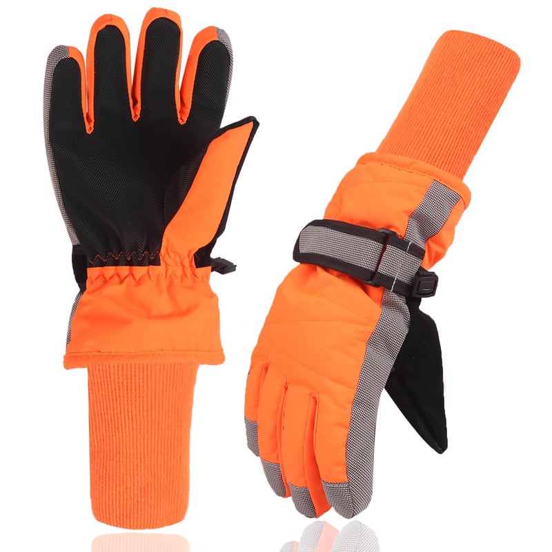 XTACER Kids Ski Snow Gloves Snowboard Winter Warm Cold Weather Gloves for Boys Girls Children (Long Cuff -Orange, 10-12 Years) - Image 1