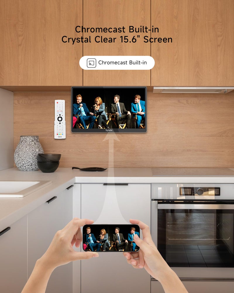 SYLVOX تلفزيون مطبخ SYLVOX، تلفزيون ذكي صغير للمطبخ، 15.6 بوصة 1080P بدقة عالية تحت الخزانة، تلفزيون جوجل مع جهاز تحكم صوتي عن بعد، واي فاي، بلوتوث، كروم كاست 2 سماعات، مدمج وقابل للطي، رمادي - Image 4