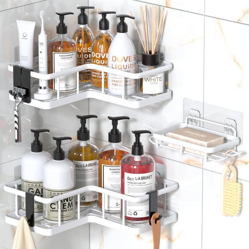 YASONIC Corner Shower Caddy Organizer 3Pack SelfAdhesive Rustproof Bath Shelves with Soap Holder 4 Hooks Large Capacity Shower Storage Rack for Bathroom Organization White