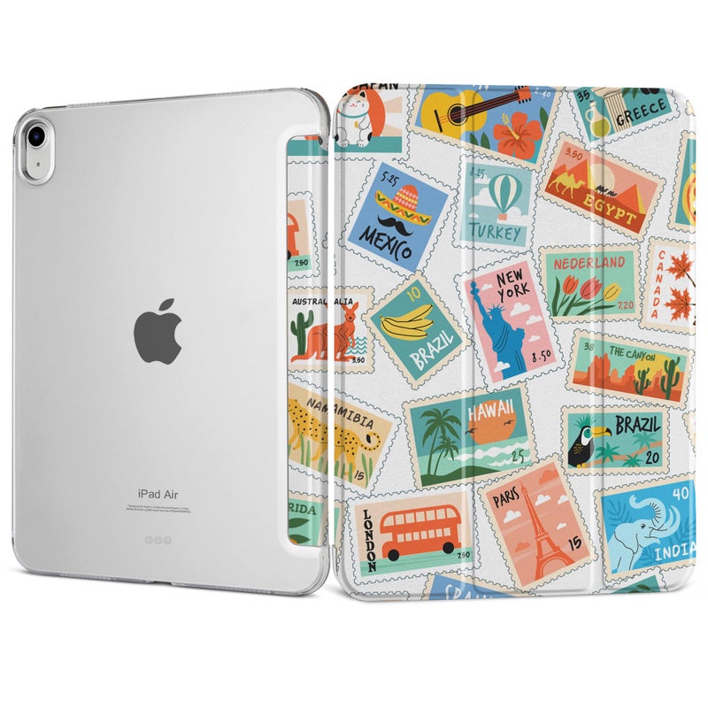 DONGKE for iPad Air 11-inch M3 2025 M2 2024, iPad Air 5th 2022 / 4th Generation 2020 10.9-inch, Slim Foldable Stand Hard PC Translucent Back Shell Smart Cover - [Auto Wake/Sleep] - Post Stamps - Image 1