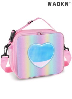 WAOKN Children's Lunch Box, Rainbow Laser Tote Leakproof Insulated Lunch Bag Reusable Insulated Bento Bag Picnic Ice Bag Girls Simple Shoulder Bag for School and Outdoor Backpack (pink)  - Image 1