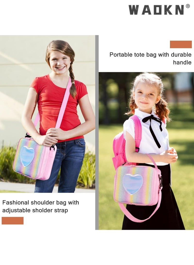 WAOKN Children's Lunch Box, Rainbow Laser Tote Leakproof Insulated Lunch Bag Reusable Insulated Bento Bag Picnic Ice Bag Girls Simple Shoulder Bag for School and Outdoor Backpack (pink)  - Image 4