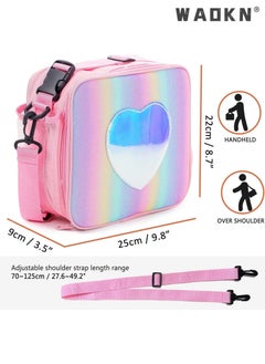 WAOKN Children's Lunch Box, Rainbow Laser Tote Leakproof Insulated Lunch Bag Reusable Insulated Bento Bag Picnic Ice Bag Girls Simple Shoulder Bag for School and Outdoor Backpack (pink)  - Image 2