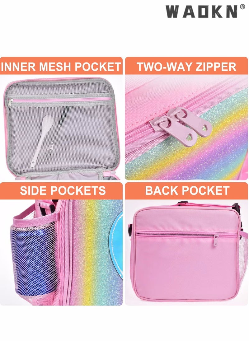 WAOKN Children's Lunch Box, Rainbow Laser Tote Leakproof Insulated Lunch Bag Reusable Insulated Bento Bag Picnic Ice Bag Girls Simple Shoulder Bag for School and Outdoor Backpack (pink)  - Image 5
