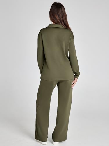 Glamaker Fall Outfits For Women 2024 Long Sleeve Two Piece Sets V Neck Lounge Sets 2 Piece Sweat Set (Army Green L) - Image 4