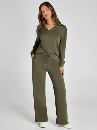 Glamaker Fall Outfits For Women 2024 Long Sleeve Two Piece Sets V Neck Lounge Sets 2 Piece Sweat Set (Army Green L) - Image 2