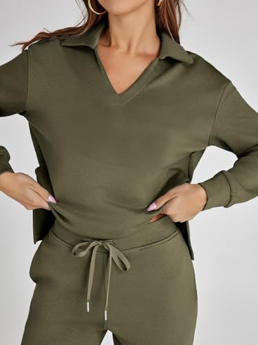 Glamaker Fall Outfits For Women 2024 Long Sleeve Two Piece Sets V Neck Lounge Sets 2 Piece Sweat Set (Army Green L) - Image 5