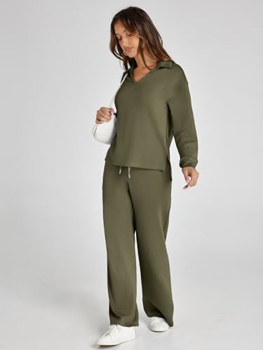 Glamaker Fall Outfits For Women 2024 Long Sleeve Two Piece Sets V Neck Lounge Sets 2 Piece Sweat Set (Army Green L) - Image 3