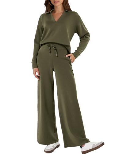 Glamaker Fall Outfits For Women 2024 Long Sleeve Two Piece Sets V Neck Lounge Sets 2 Piece Sweat Set (Army Green L) - Image 1