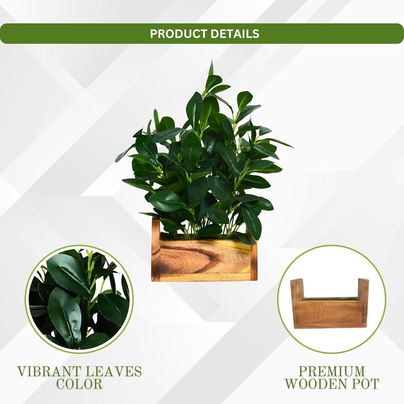 fancymart Plastic Artificial Plant In Buckle Wood Pot (28 Cms / 11 Inchs, Green) - Image 4