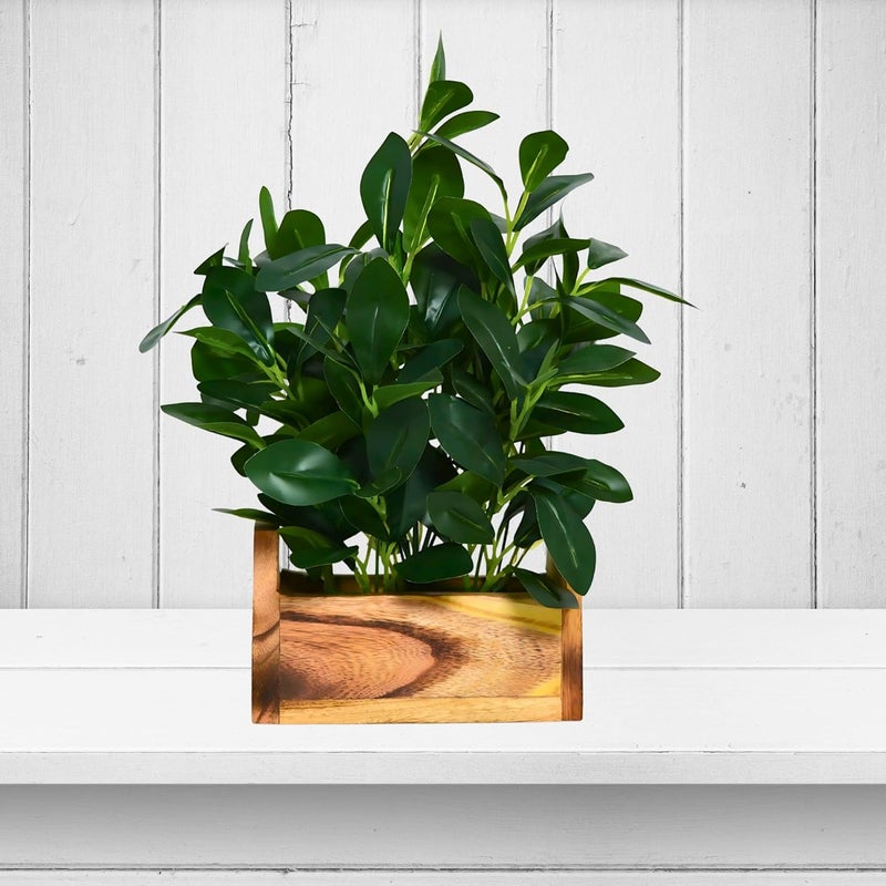 fancymart Plastic Artificial Plant In Buckle Wood Pot (28 Cms / 11 Inchs, Green) - Image 2