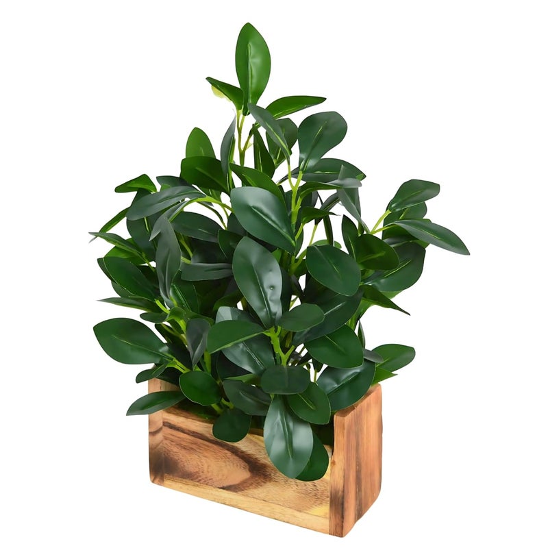 fancymart Plastic Artificial Plant In Buckle Wood Pot (28 Cms / 11 Inchs, Green) - Image 1