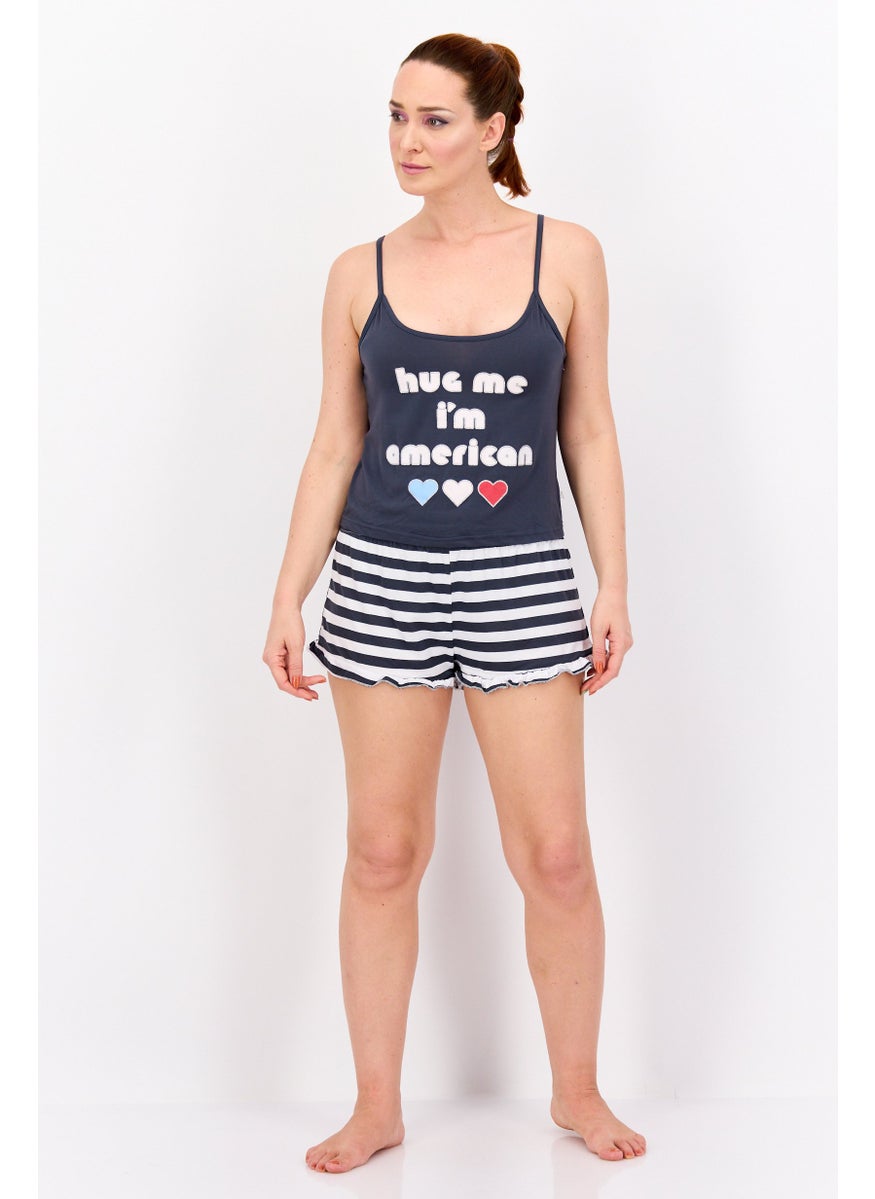 French Affair Women 2 Pcs Graphic Print Tank Top And Shorts Pajama Sets, Grey  - Image 1