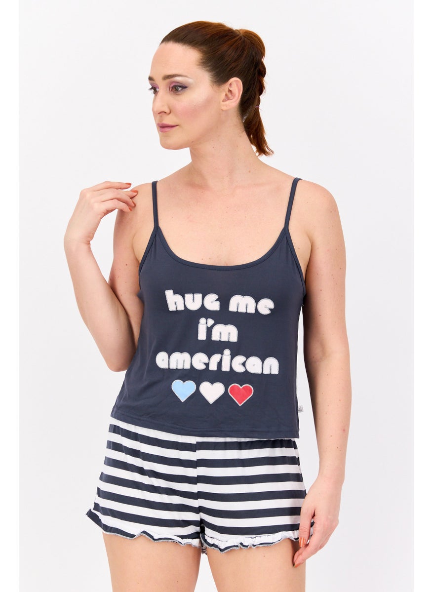 French Affair Women 2 Pcs Graphic Print Tank Top And Shorts Pajama Sets, Grey  - Image 2