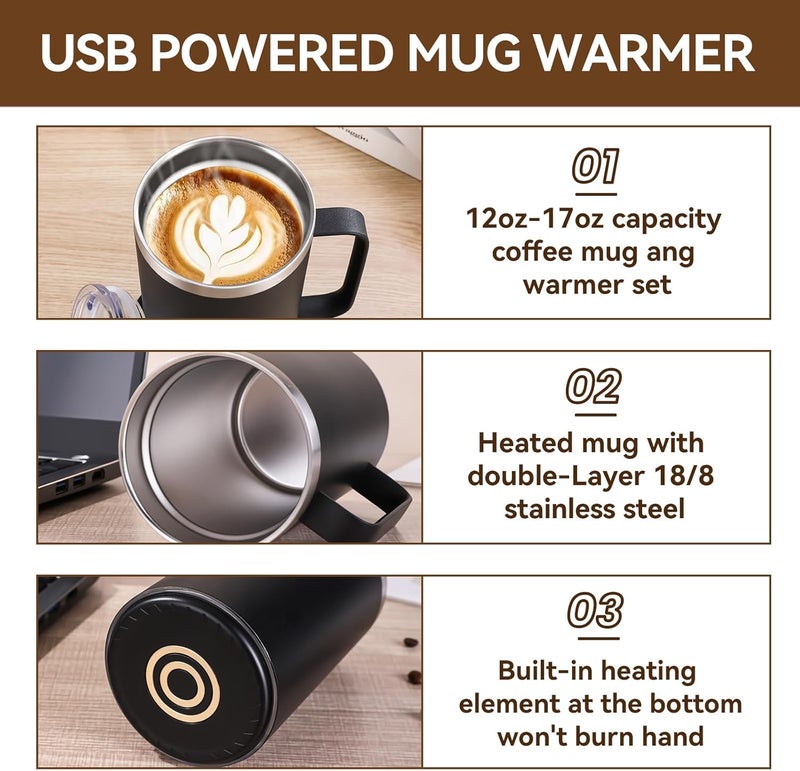 DEQIANG Smart Electric Heated Mug with 10Hrs Auto Shut Off, Coffee Warmer with Mug Set, USB Powered Self Heating Coffee Cup 12oz-Black - Image 4