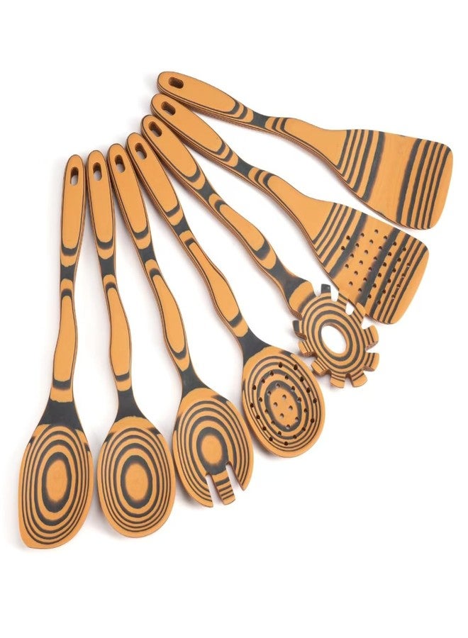 COKKA PRACA 7-Piece Curved Handles Wooden Spoons for Cooking with Ergonomic Grip, Pinewood Fiber Wooden Kitchen Utensil Set, Home & Kitchen Gifts for Men and Women, Dishwasher Safe & Maintenance Free - Image 1