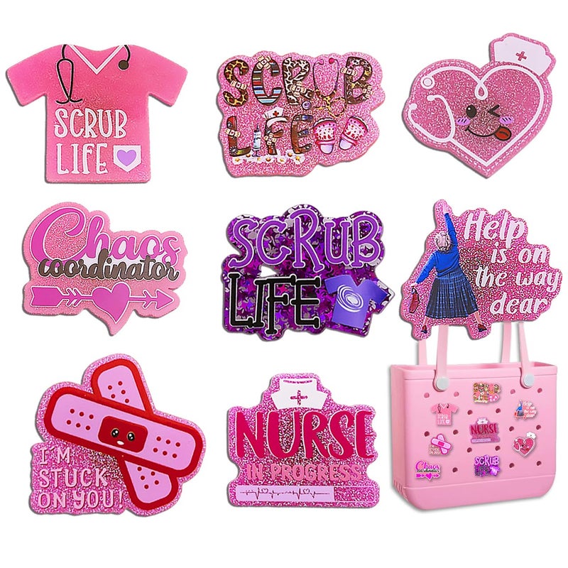 OEHEDOU 8pcs Nurse Charms For Bogg Bag Acrylic Nurse Life Charm For Bogg Bag Accessories Nurses Themed Gifts For Women Girls Compatible With Simply Southern Beach Tote Bags Charms For Nurses - Image 1