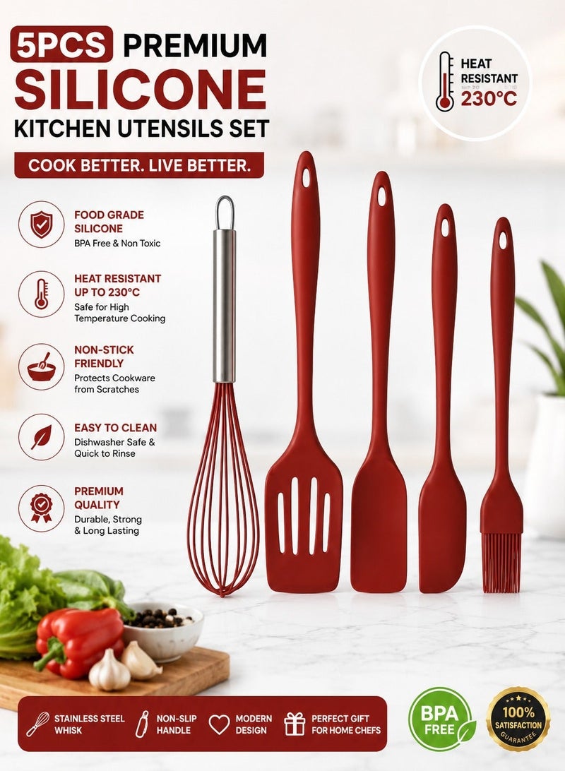 Silicone Kitchen Utensils Set 5 Piece BPA Free Food Grade Cooking Utensils Heat Resistant Non Stick Spatula Set with Whisk Turner Spoon Spatula Basting Brush Kitchen Tools - Image 1
