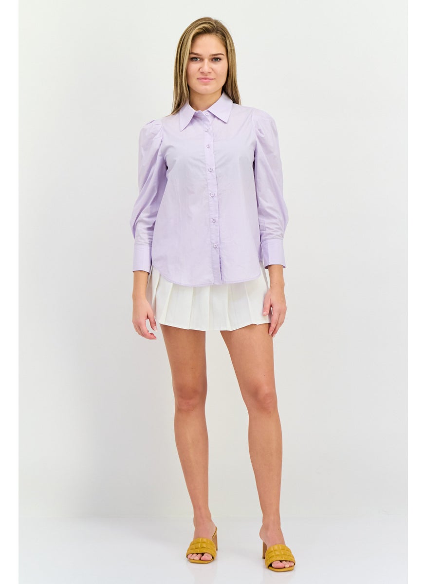 STEVE MADDEN - Women Pointed Collar Plain Long Sleeve Shirts, Light Purple - Image 1