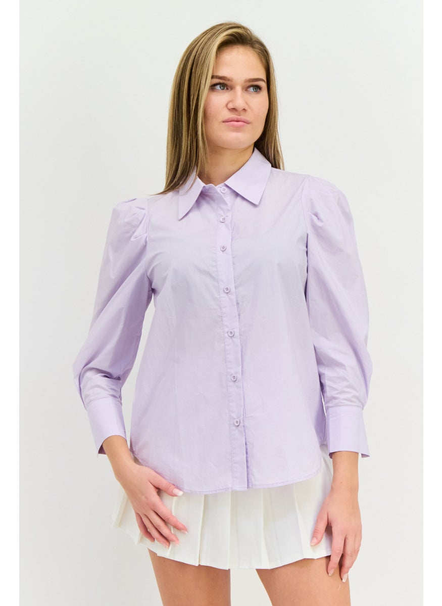 STEVE MADDEN - Women Pointed Collar Plain Long Sleeve Shirts, Light Purple - Image 1