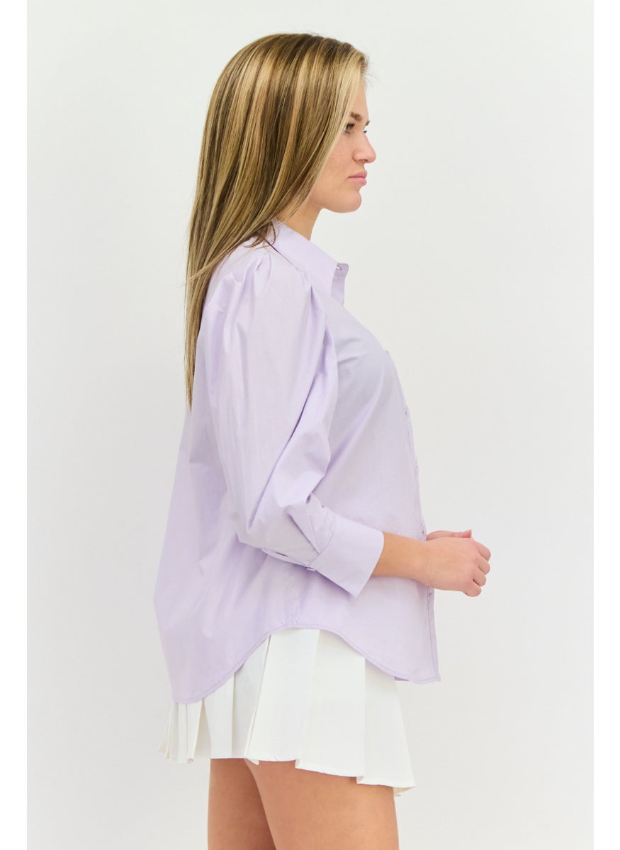 STEVE MADDEN - Women Pointed Collar Plain Long Sleeve Shirts, Light Purple - Image 1