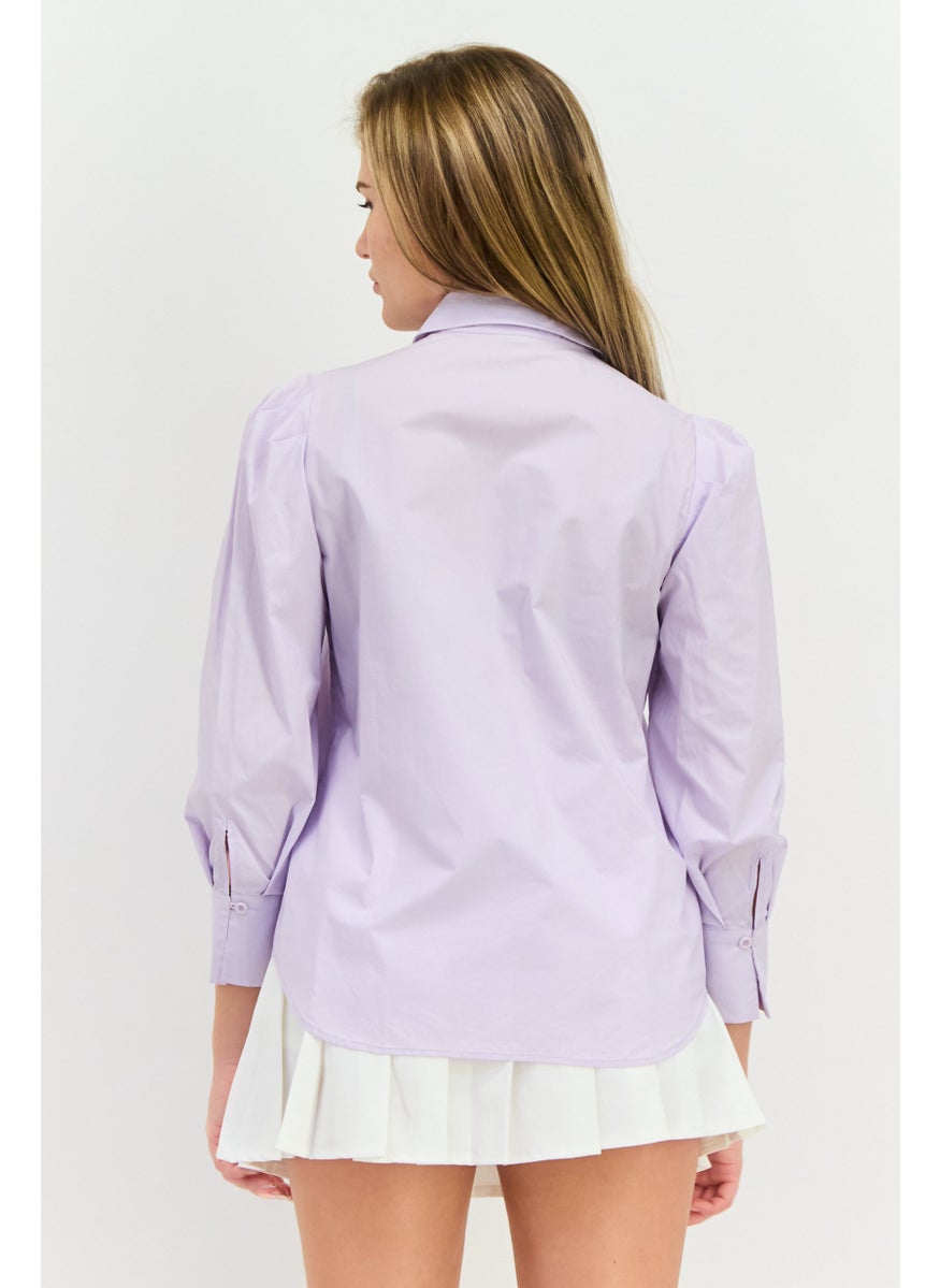 STEVE MADDEN - Women Pointed Collar Plain Long Sleeve Shirts, Light Purple - Image 1