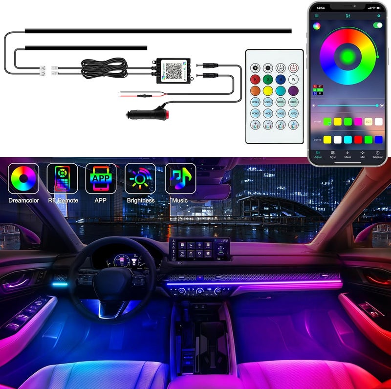 Jushope Interior Car LED Strip Lights, Acrylic LED Lights for Car with Dynamic Dreamcolor Chasing, Ambient Lighting Kits Music Sync Wireless APP and RF Remote Control (43.5+14.5'') - Image 1