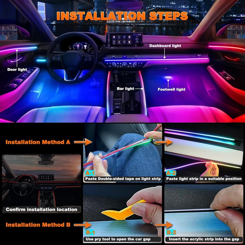 Jushope Interior Car LED Strip Lights, Acrylic LED Lights for Car with Dynamic Dreamcolor Chasing, Ambient Lighting Kits Music Sync Wireless APP and RF Remote Control (43.5+14.5'') - Image 4