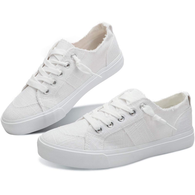 Obtaom Women's Play Fashion Sneaker White Linen and Leopard Canvas Slip on Shoes (White US8) - Image 1