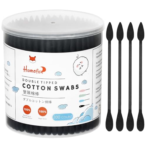 HOMEFOX Black Cotton Swabs Precision Pointed 200 Count Organic Pointy Pointed Cotton Buds Double Side Tightly Wrapped Charcoal Cotton Tip Paper Stick Soft Gentle CrueltyFree Pointy Round Black - Image 2