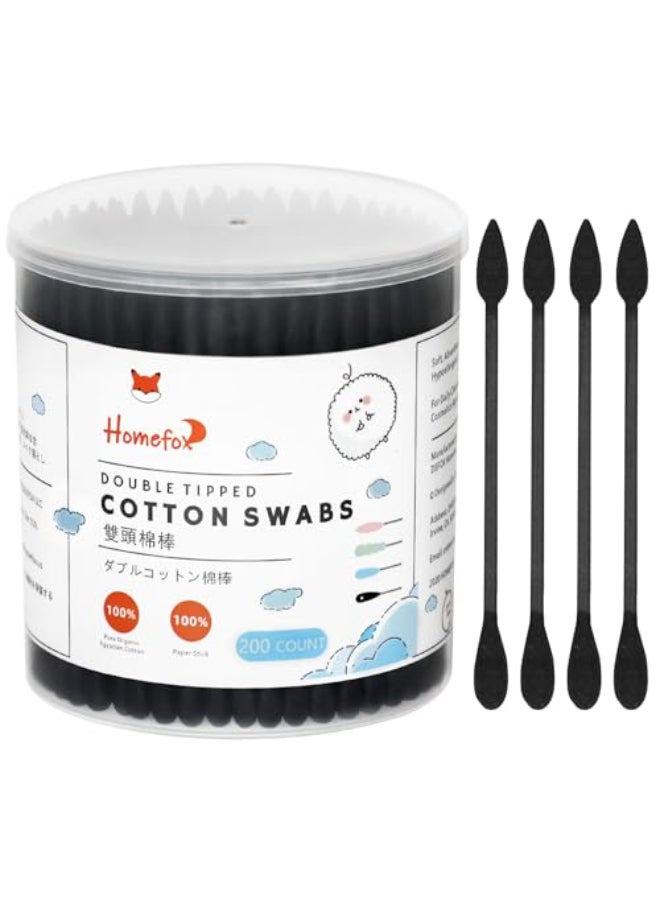 HOMEFOX Black Cotton Swabs Precision Pointed 200 Count Organic Pointy Pointed Cotton Buds Double Side Tightly Wrapped Charcoal Cotton Tip Paper Stick Soft Gentle CrueltyFree Pointy Round Black - Image 1
