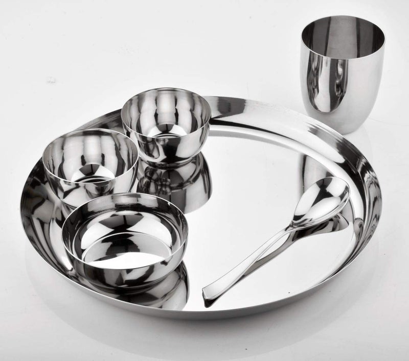 Va Sun Set of 36 Piece Stainless Steel Dinner Set 18 Guage Steel Mirror Polish 12 Bowls6 halwa Plate 6 Glass 6 Spoon 6 Plate 13 inch Round Set of 6 Dinner Sets