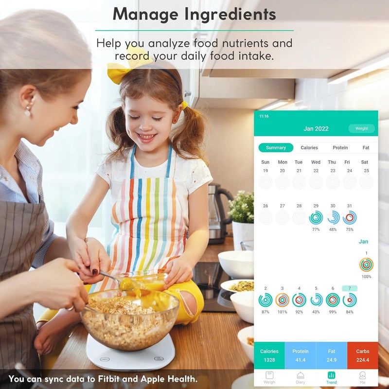 أربوليف ميزان طعام ذكي من ، ميزان رقمي يصل وزنه إلى 22 رطلاً مع حاسبة تغذوية، قابل لإعادة الشحن عبر USB، يتميز بوظائف وزن ذكية وتطبيق متاح لحساب العناصر الغذائية الأساسية (الماكرو)، نظام الكيتو، السعرات ال��رارية، الوزن بالجرامات والأونصات، دقة 0.1 أونصة/0.5 جرام، لون أبيض - Image 4