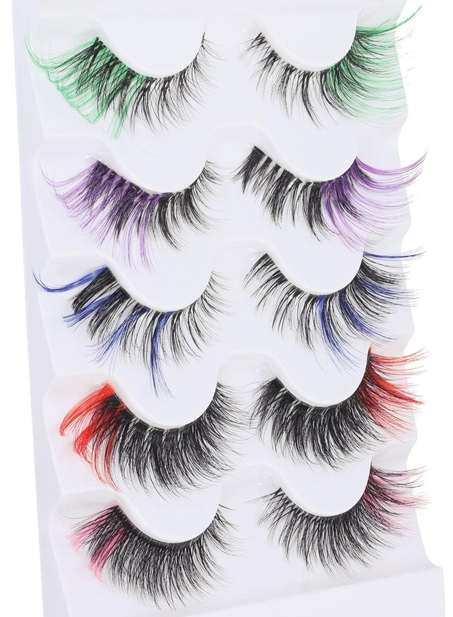 outopen 5 Pairs Lashes with Color on End Colored False Eyelashes Long Colored Lashes Halloween Cosplay Colorful Lashes Extensions Clear Band Color Lash 3d Thick Volume Wispy Colored Lash Clusters - Image 4