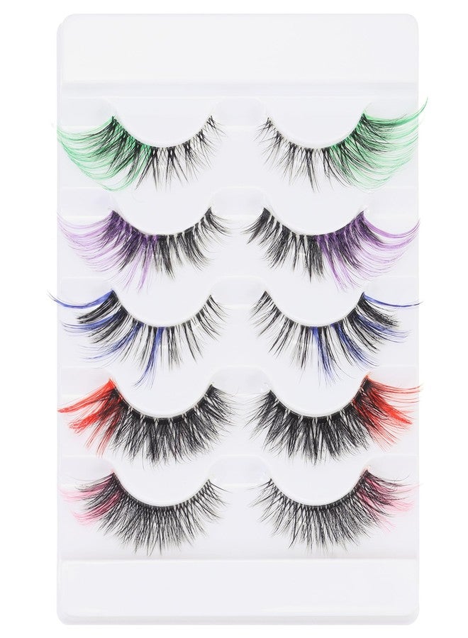 outopen 5 Pairs Lashes with Color on End Colored False Eyelashes Long Colored Lashes Halloween Cosplay Colorful Lashes Extensions Clear Band Color Lash 3d Thick Volume Wispy Colored Lash Clusters - Image 1