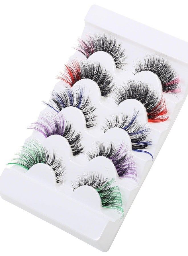 outopen 5 Pairs Lashes with Color on End Colored False Eyelashes Long Colored Lashes Halloween Cosplay Colorful Lashes Extensions Clear Band Color Lash 3d Thick Volume Wispy Colored Lash Clusters - Image 5