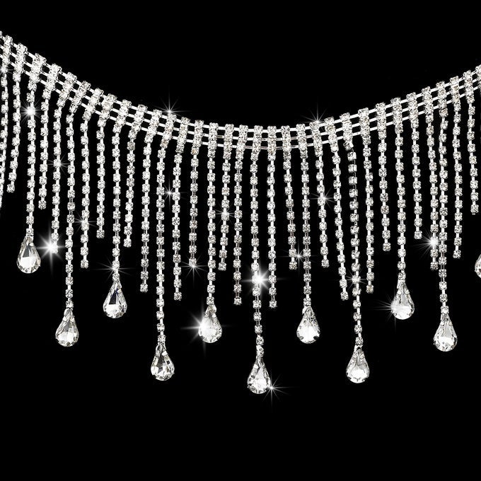 CRYSTAL RHINESTONE TRIM RIBBON 1 YARD TASSEL CHAIN SEWING CRAFT FOR WEDDING BRIDAL PARTY BELLY DANCE CHAIN DROPSILVER