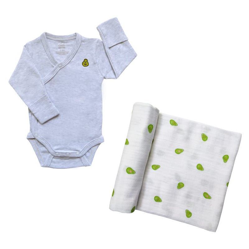 Masilo Baby Bodysuit & Swaddle Gift Set for Infants/Baby Shower Gifting/Silky Soft Bamboo Swaddle Blanket & 100% Organic Long Sleeve Kimono Bodysuit / 3-6 Months/Avocado/Baby Essentials 2 pcs - Image 1