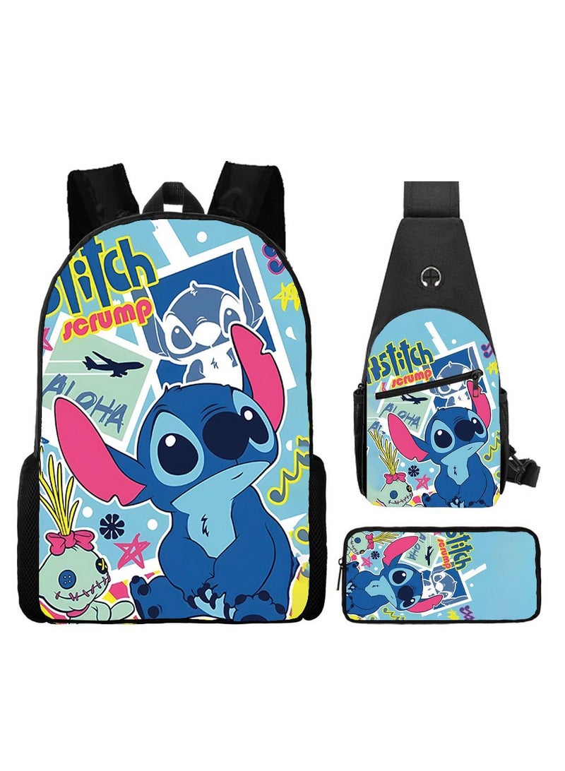 general 3-Piece Cartoon Stitch 3D Print Backpack Set - Image 1