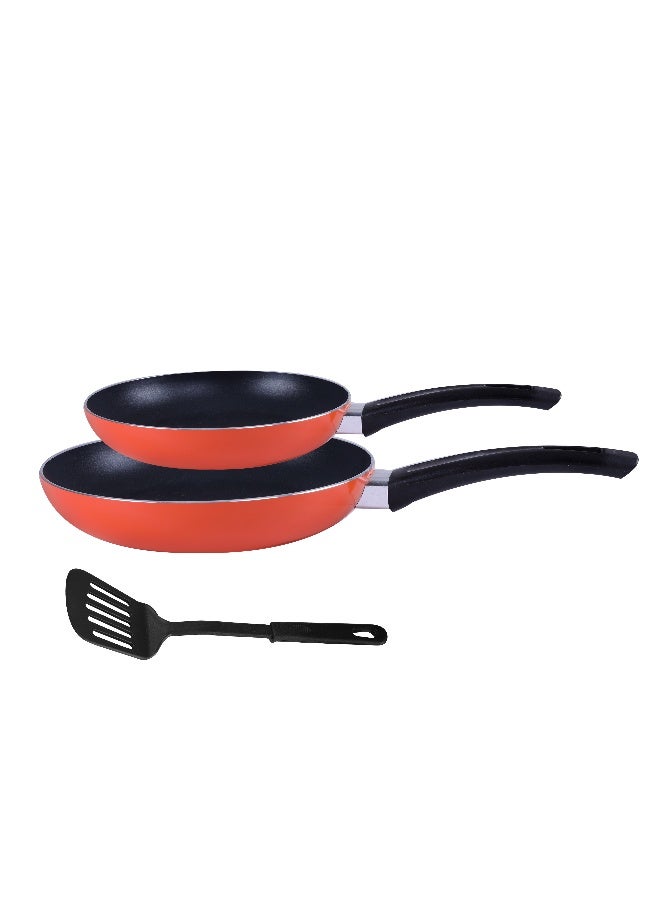 Royalford RF7802OR 3Pcs Aluminium Fry Pan  24 & 18 Cm with Slotted Turner - Non-Stick Fry Pan | Ergonomic Handle | Dishwasher Safe, Evenly Heating 2 Layer, Induction Base | Ideal for Frying Sauting Stir-Frying Multicolor - Image 1