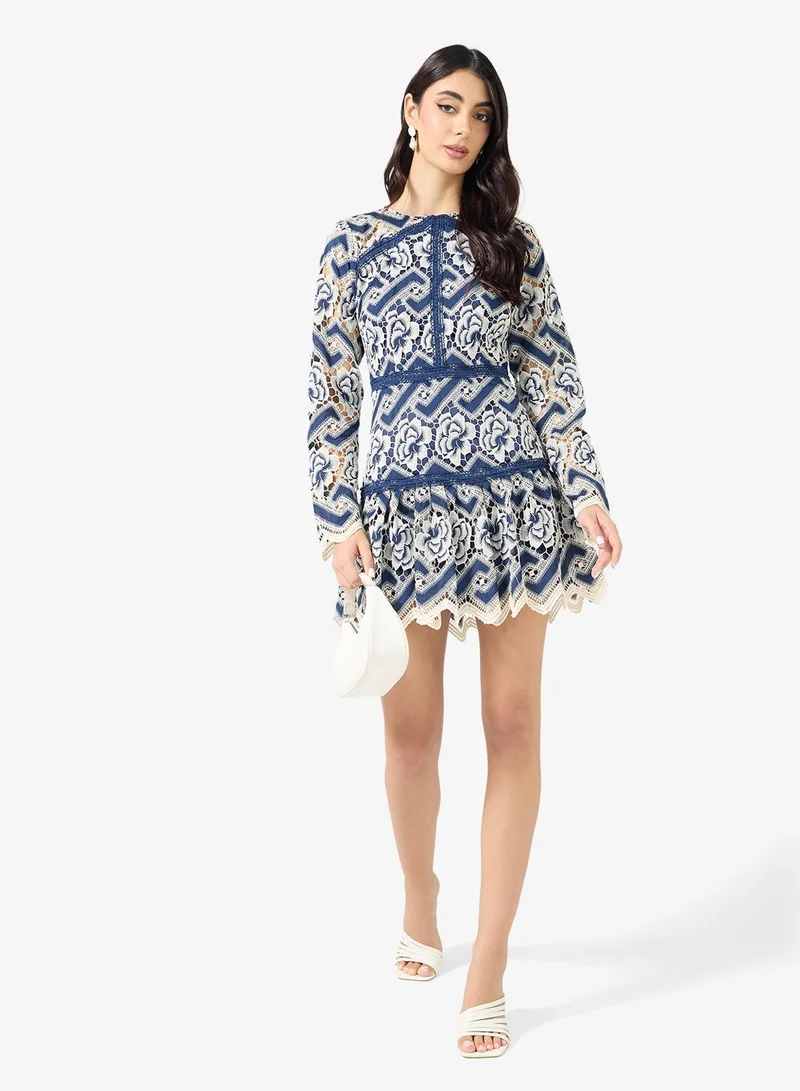 Floral Lace Long Sleeve Ruffle Hem Mini Dress