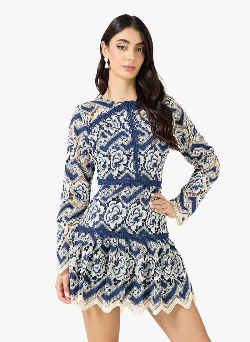 Just Me Floral Lace Long Sleeve Ruffle Hem Mini Dress