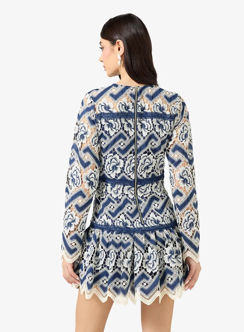 Just Me  Floral Lace Long Sleeve Ruffle Hem Mini Dress for Women | Best Price UAE