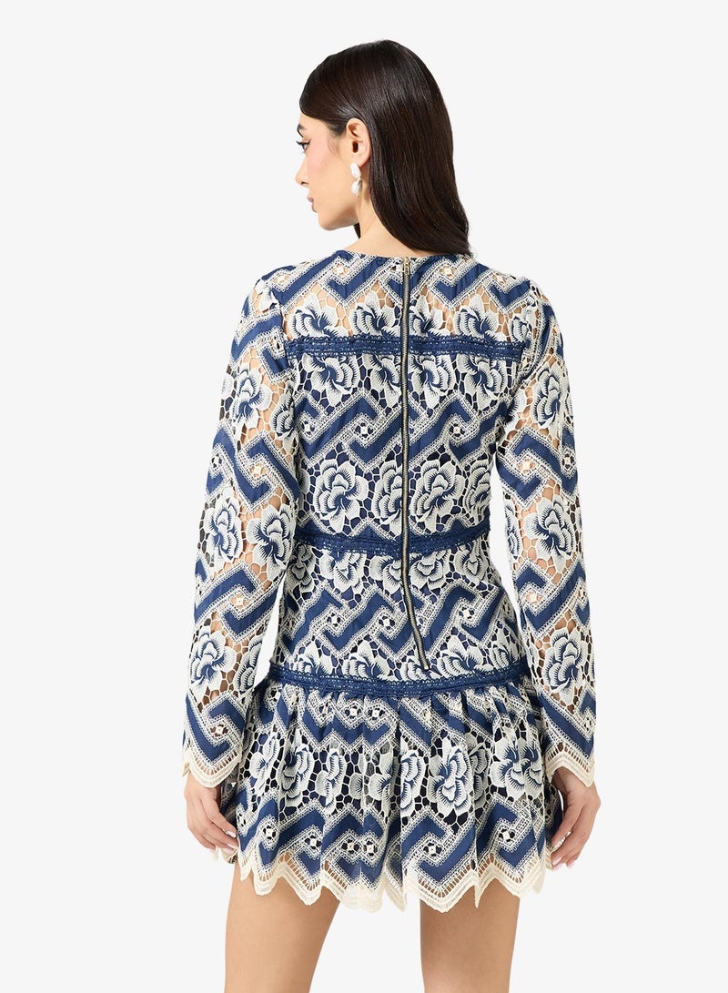 Just Me Floral Lace Long Sleeve Ruffle Hem Mini Dress - Image 4