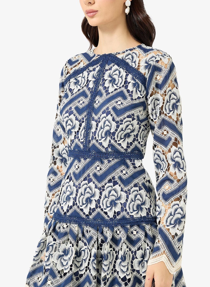 Just Me Floral Lace Long Sleeve Ruffle Hem Mini Dress - Image 3