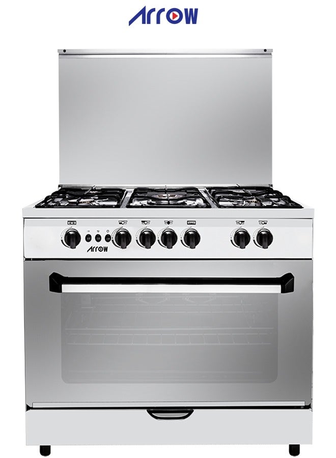 Arrow 5 Burners Stove Surface, Oven and Grill with Full Safety Size 90x60 cm, Made in Egypt, Silver | RO-9060GSF - Image 1