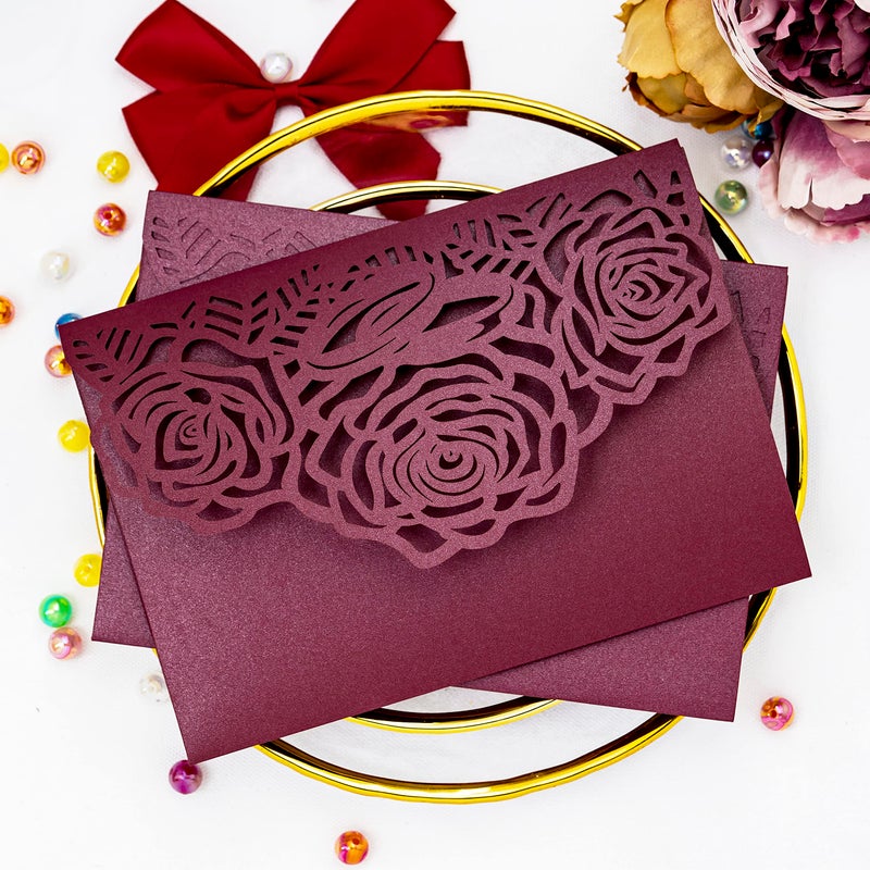 Builcker Laser Cutting Invitation Card Greeting Card Graduation Party Rose Flower Wedding Birthday Party Invitations Invitation Pocket With Envelope Burgundy
