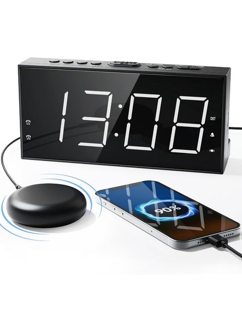Roxicosly Super Loud Alarm Clock With Bed Shaker For Heavy Sleeper, Dual Vibrating Alarm Clock With Usb Charger For Hearing-Impaired Deaf, 7.5’’ Large Display With Dimmer, Snooze, 12/25H And Battery